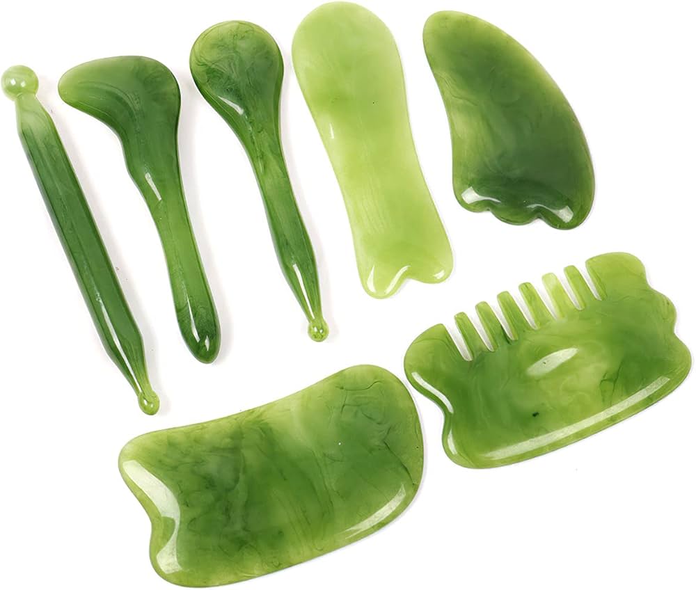 7 Pcs SPA Scraping Massage Tool, Jade Tool for Body Face Back Leg Head Muscle Release and Tension Relief Skincare Skin care Headspa Head spa (Green)