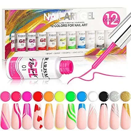 Painted Gel Nail Polish Set, Line Art Gel 12 Colors Neon Pink Yellow Green Glitter Silver Gold Nail Art Painting Gel Manicure