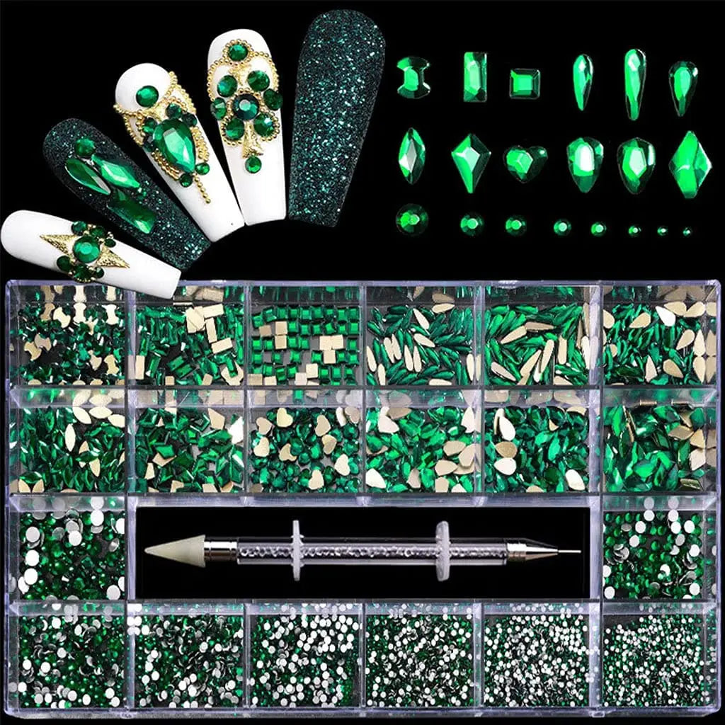 Cuawan Nail Rhinestones - Professional Nail Crystal Kit, Multi Shapes Glass Crystal