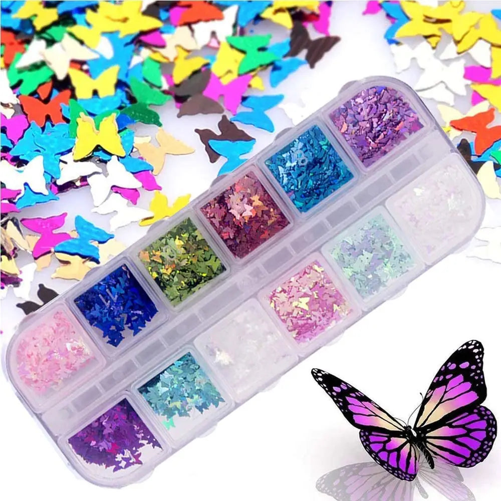 12 Color/Set 3D Butterfly Nail Glitter Sequins